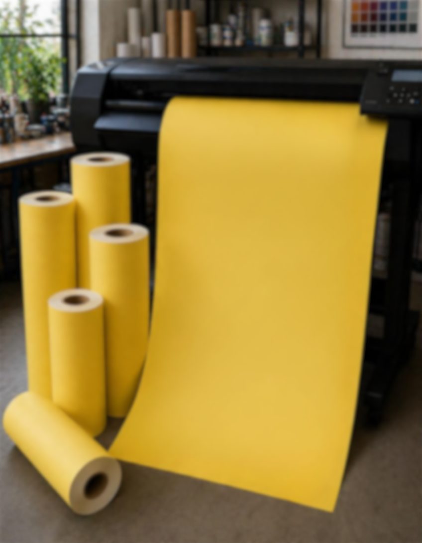 Bobinas de papel sulfite amarelo ao lado de uma plotter